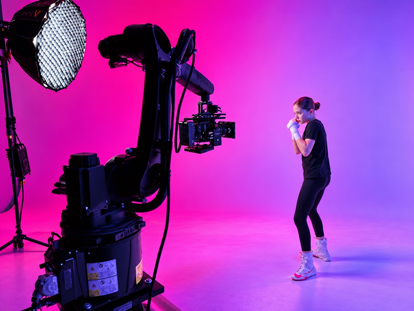 Motion control camera robot filming a model in the studio